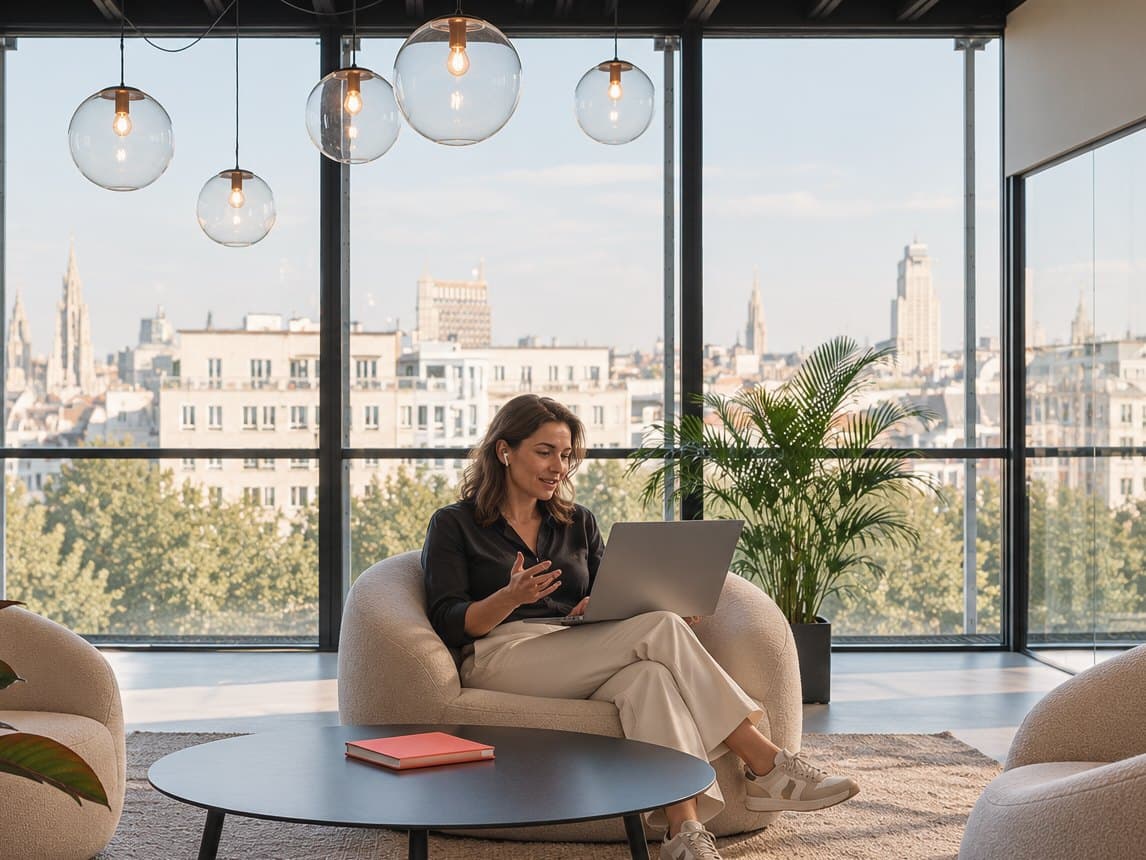Une recruteuse expérimentée appelle dans le lounge, son portable sur les genoux et vue sur la ville