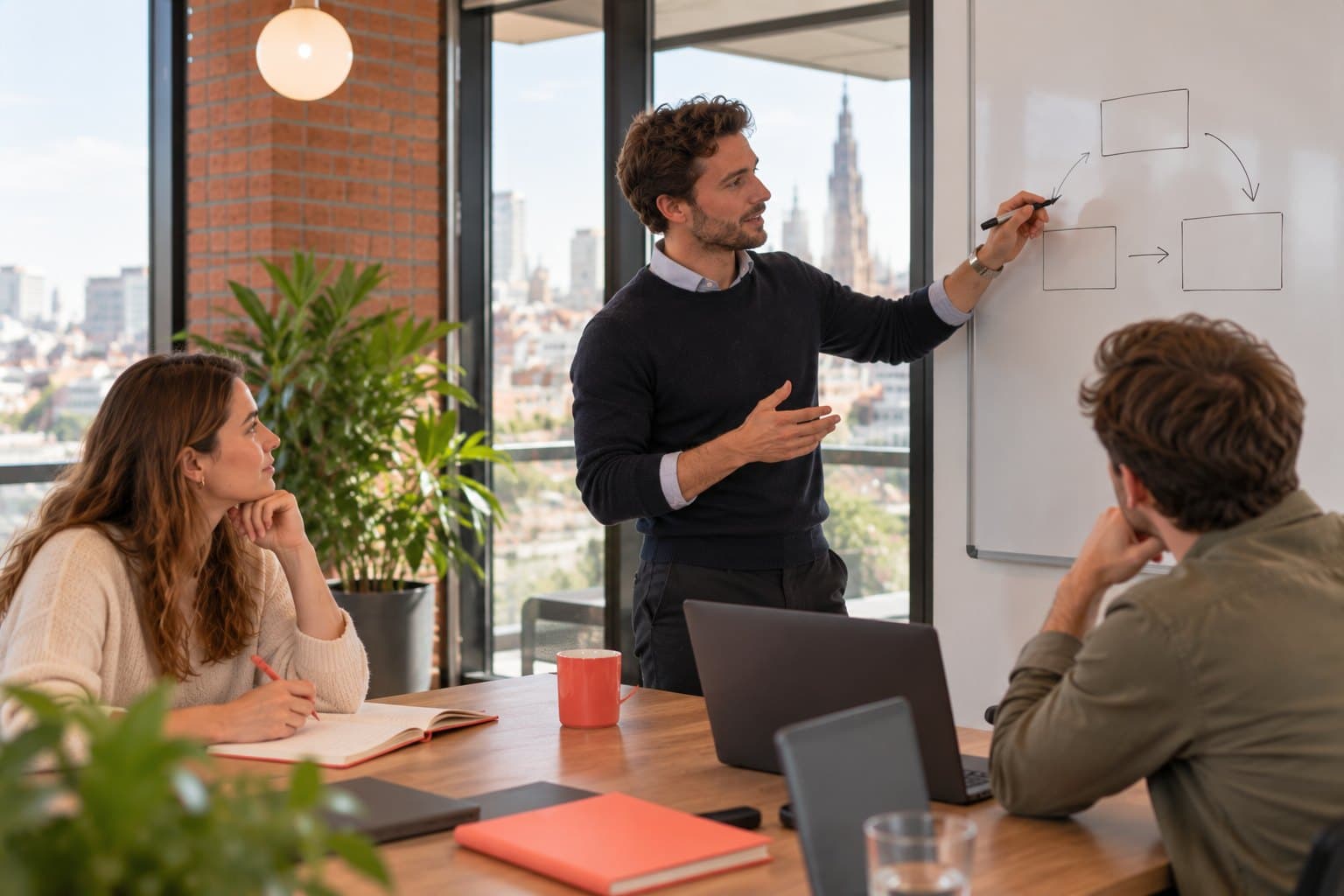 Een recruiter tekent een plan op het whiteboard voor twee collega's