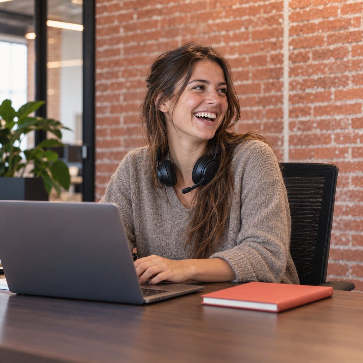 Een recruiter met een headset om haar nek, lachend aan haar bureau
