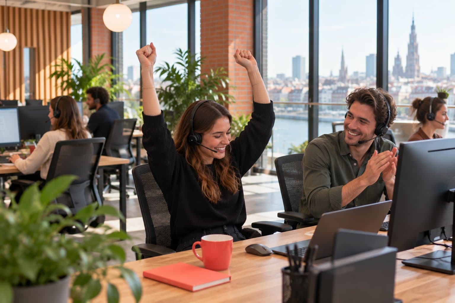 Een recruiter steekt haar armen in de lucht na een plaatsing, haar collega applaudisseert