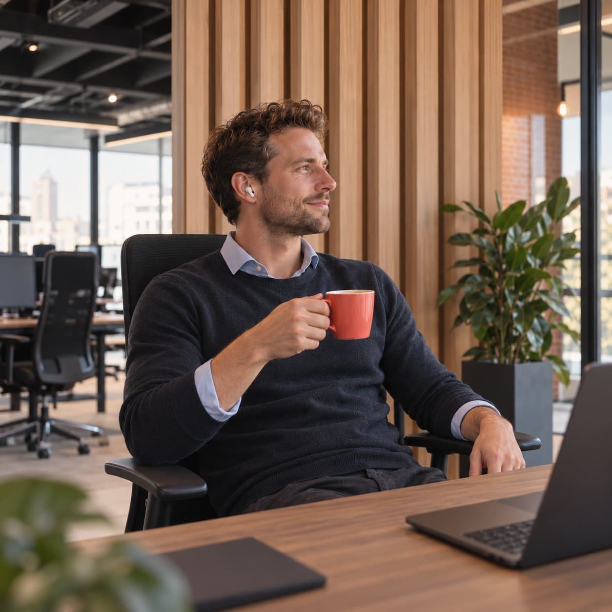 Een zelfstandige recruiter leunt achterover aan zijn bureau, met koffie en zicht op de stad